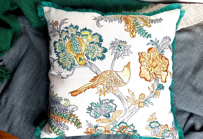 chintz throw pillow for couch,bird pillow,green brown,18x 18,hand made,chic cushion covers,100% cotton,Boho cushion,hand paint,decorative image 1