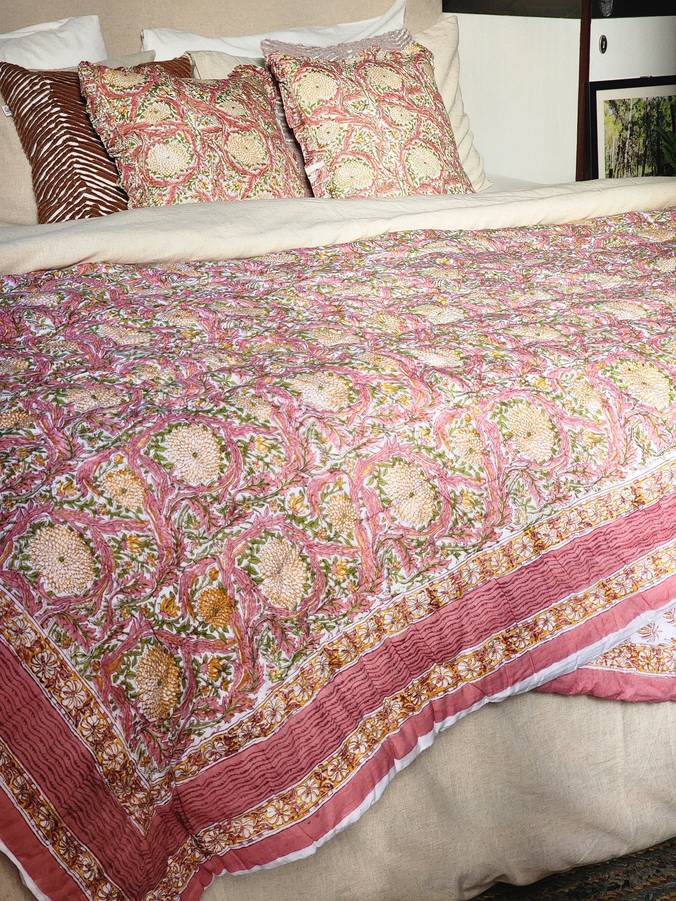 Queen quilts for sale Comfy blanket Kantha quilt queen Jaipur quilt floral girls room Peach yellow boho quilt Cotton Hand Block Print gift