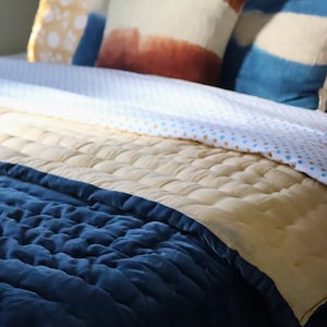 Blue Velvet Cotton Quilt: Hand-Stitched Bedspread, Modern Maximal Style