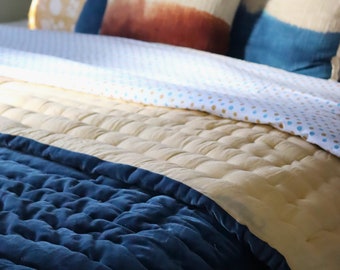 Blue Velvet Cotton Quilt: Hand-Stitched Bedspread, Modern Maximal Style