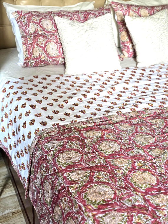 Quilted Peach Floral Blanket: Reversible Cotton Block Print Dohar Bedspread