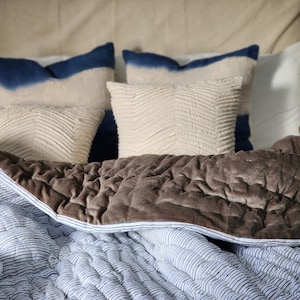 Handmade Cotton Velvet Quilt: Blue Grey Striped Bedspread