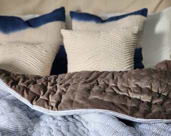 Handmade Cotton Velvet Quilt: Blue Grey Striped Bedspread