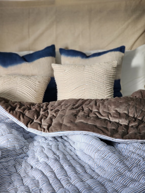 Grey Blue Cotton Velvet Quilt for Bedroom Soft Throw Blanket for Kids Quilted Bedspread Handmade Voile Bed Runner Block Printed Cheerful Bed Etsy Canada