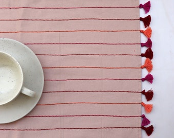 Peach Embroidered Cotton Table Runner minimal Wedding Table Décor Gifts for home  with decorative stripes tassel add cheerful charm to table