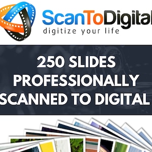 May include: 250 slides professionally scanned to digital images. The image shows a stack of photos, each with a different image, including a green landscape, a yellow wall, and a blue sky.