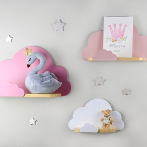 Set of 3 colourful wooden cloud shelves with small border cloud, Cloud wall shelf for nursery, Floating shelf, Nursery wood rack, Bookshelf