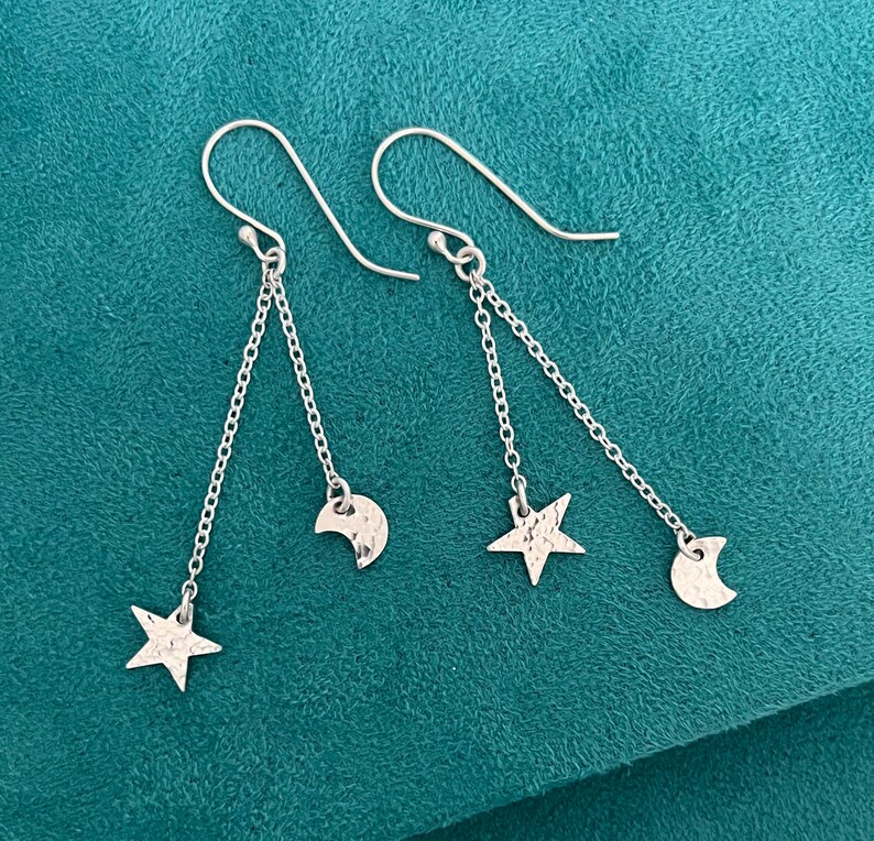 Moon and Stars Sterling Silver Dangle Earrings. Hammered Etsy UK