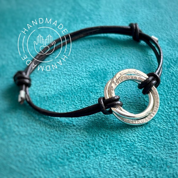 Handmade Russian Wedding Ring Inspired Sterling Silver Leather Adjustable Bracelet, Symbolic Meaningful Eternal Bond Jewelry for Him or Her