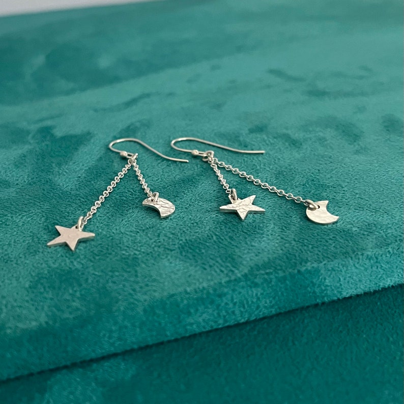 Moon and Stars Sterling Silver Dangle Earrings. Hammered Etsy UK