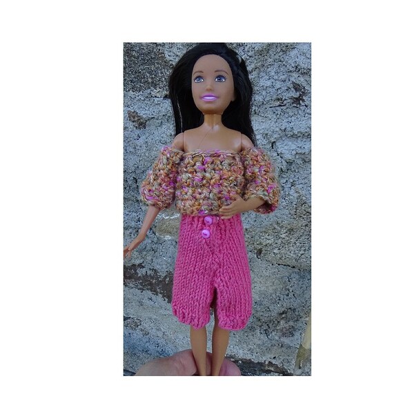 Off-the-shoulder crochet top in heather cotton and knitted slit skirt for Skipper doll 26.5 cm or 10" (handmade clothes)