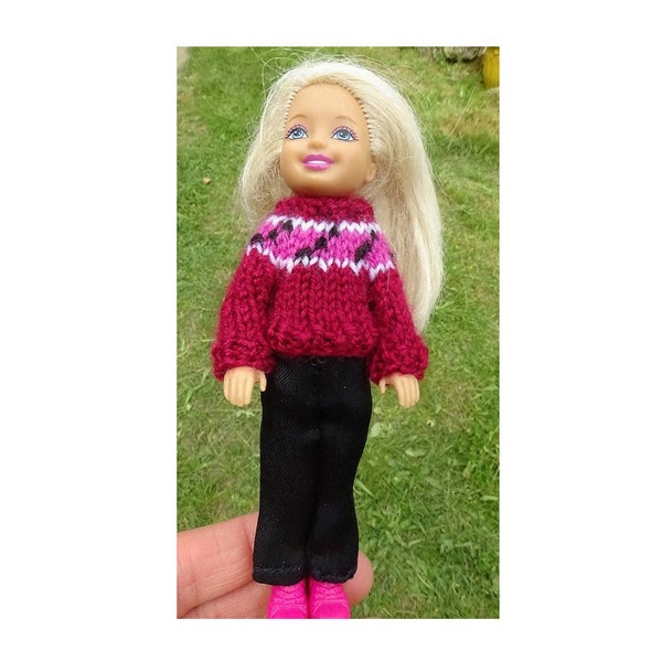 Burgundy sweater with white, pink and black jacquard insert and black fabric pants for 14 cm (5.5") Chelsea doll (handmade clothes)