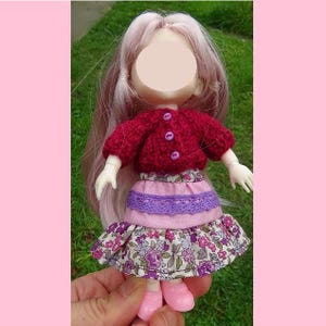 Burgundy short-sleeved vest and long printed skirt with two ruffles for 16 cm (6.3&quot;) doll (handmade doll clothes)