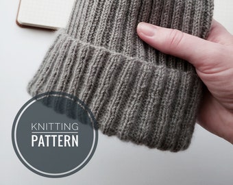 May include: A gray knitted beanie hat with a ribbed texture. The hat is held in a hand and the text "Knitting Pattern" is visible in a circle.