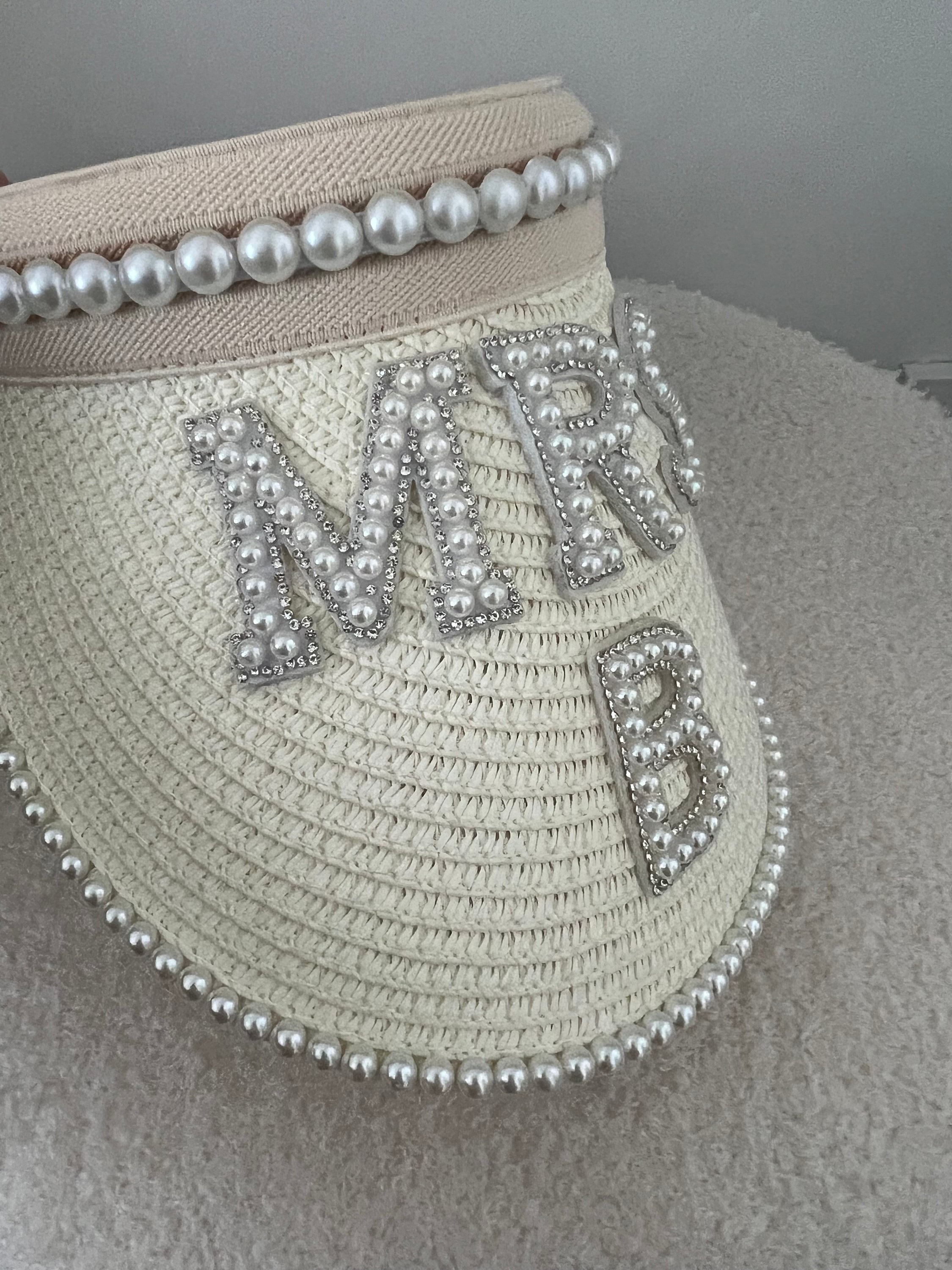 Macy\'s Beige Straw Visor with Pearl Trim and BRIDE Embellishment Personalised Pearl Embellished Straw Sun Visor, Bride  main image 2