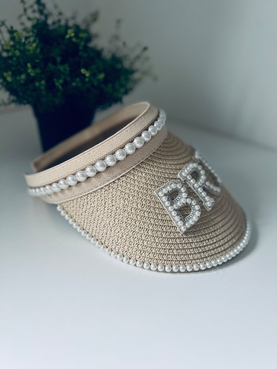 Macy\'s Beige Straw Visor with Pearl Trim and BRIDE Embellishment Personalised Pearl Embellished Straw Sun Visor, Bride  main image 4