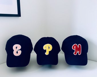 Kids/children adjustable Baseball cap with chenille or sparkle silver personalised letter (available in other colour options)