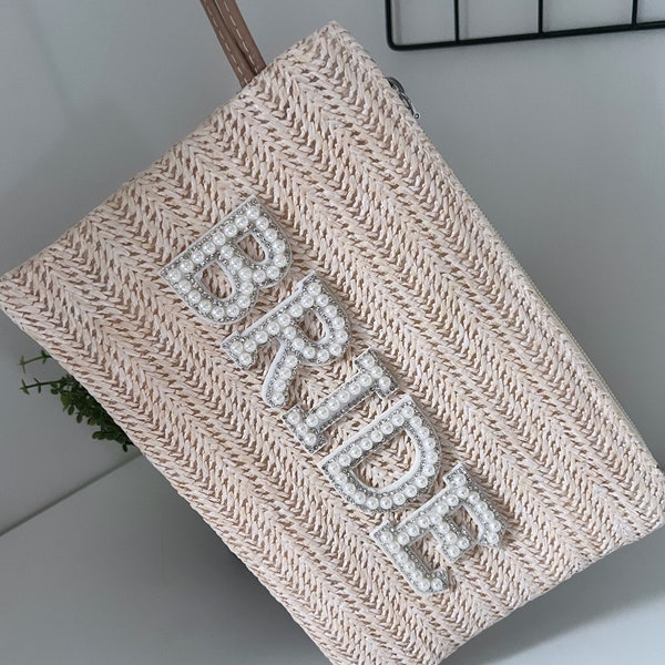 Personalised straw wristlet clutch , bride, Mrs , name