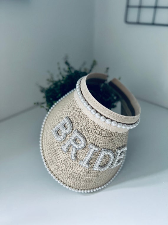 Personalised Pearl Embellished Straw Sun Visor, Bride  display picture 2