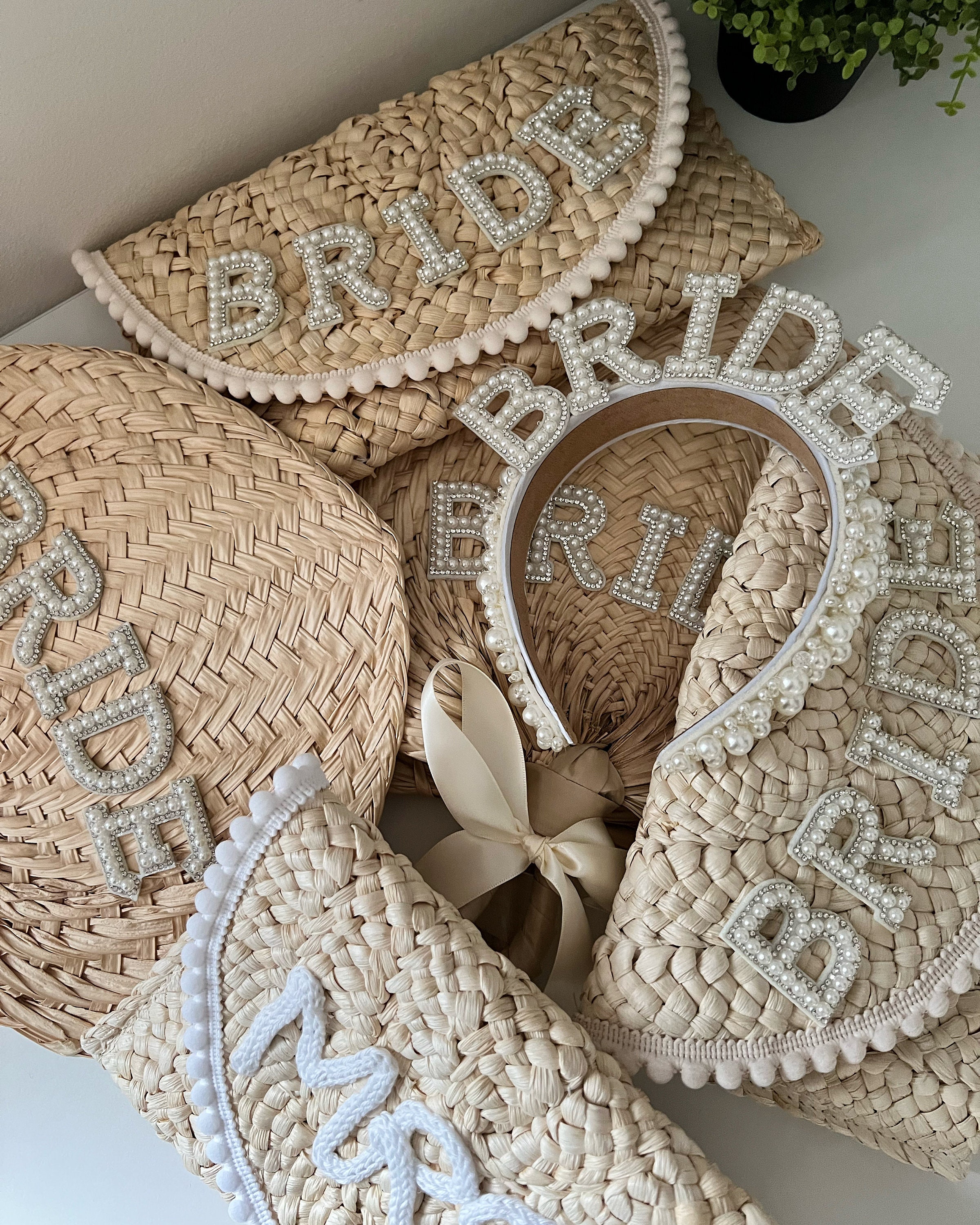 Personalised Pearl Embellished Straw Sun Visor, Bride 