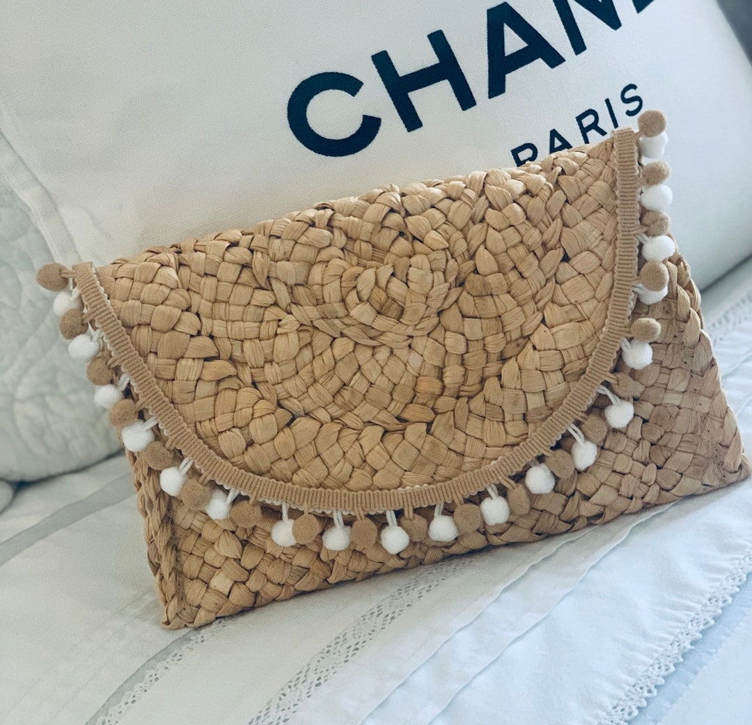 Double Row Pom Pom Straw Clutch Bag Etsy