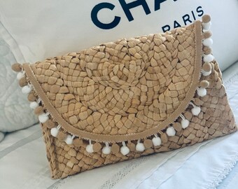 Double Row Pom Pom Straw Clutch Bag Etsy UK