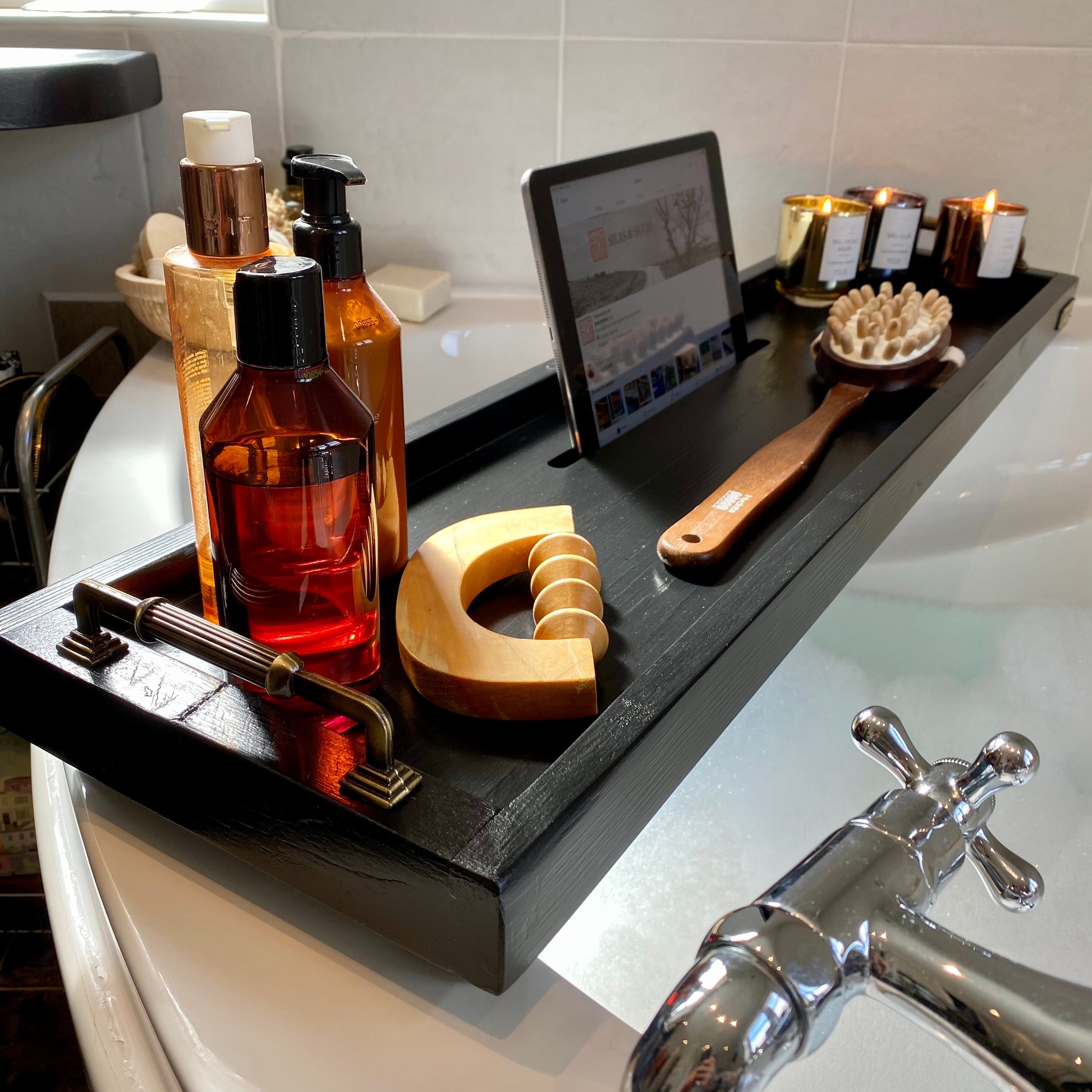 Home & Living with iphone / tablet slot. Handmade Ash Black bath tray