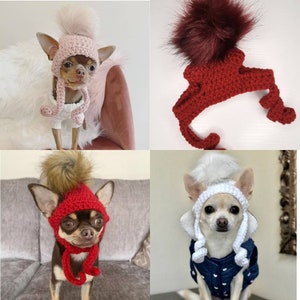 Chihuahua Hat Ear Holes Faux Fur Pom Pom Dog Hat Crochet