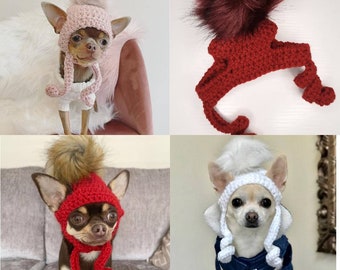 Chihuahua Hat Ear Holes Faux Fur Pom Pom Dog Hat Crochet