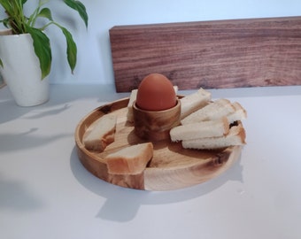 Beautiful hand made Acasia wood egg cup\soldier plate in-one!