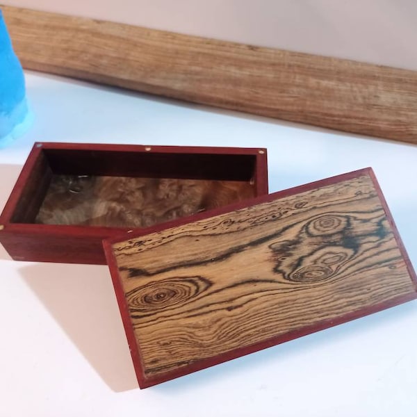 Bespoke magnetic exotic hardwood wooden box, handmade in padauk and Bocote wood, hand made