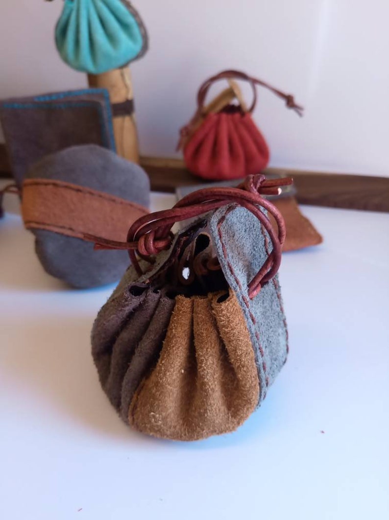 Lovely little hand made real suede leather money clip, card wallet, coin purse, jewellery bag, ring drawstring pouch gift image 2