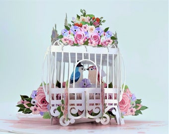 Love Birds 3D Pop-Up Card: Floral Birdcage, Wedding Engagement Card