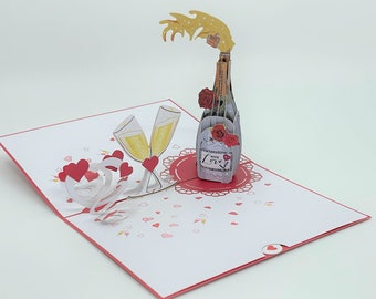 Champagne 3D Pop-Up Card: Celebration Anniversary Valentine's Day