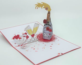 Love 3D Pop-Up Card, Champagne Theme card, Anniversary card, Valentine's card, Congratulations card