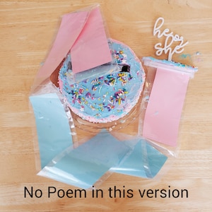 May include: A gender reveal cake with blue and pink frosting and sprinkles. The cake is decorated with a sign that says "he or she".