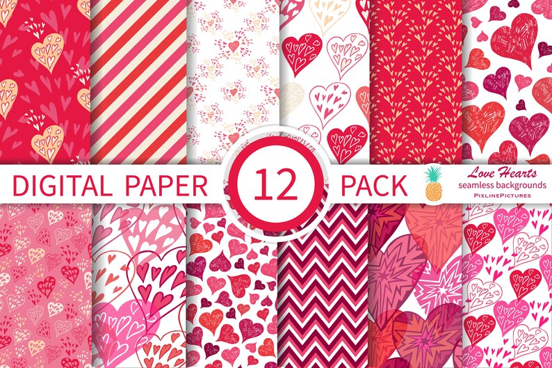Red Hearts Digital Paper Pack Red Pink Hearts Printable Etsy