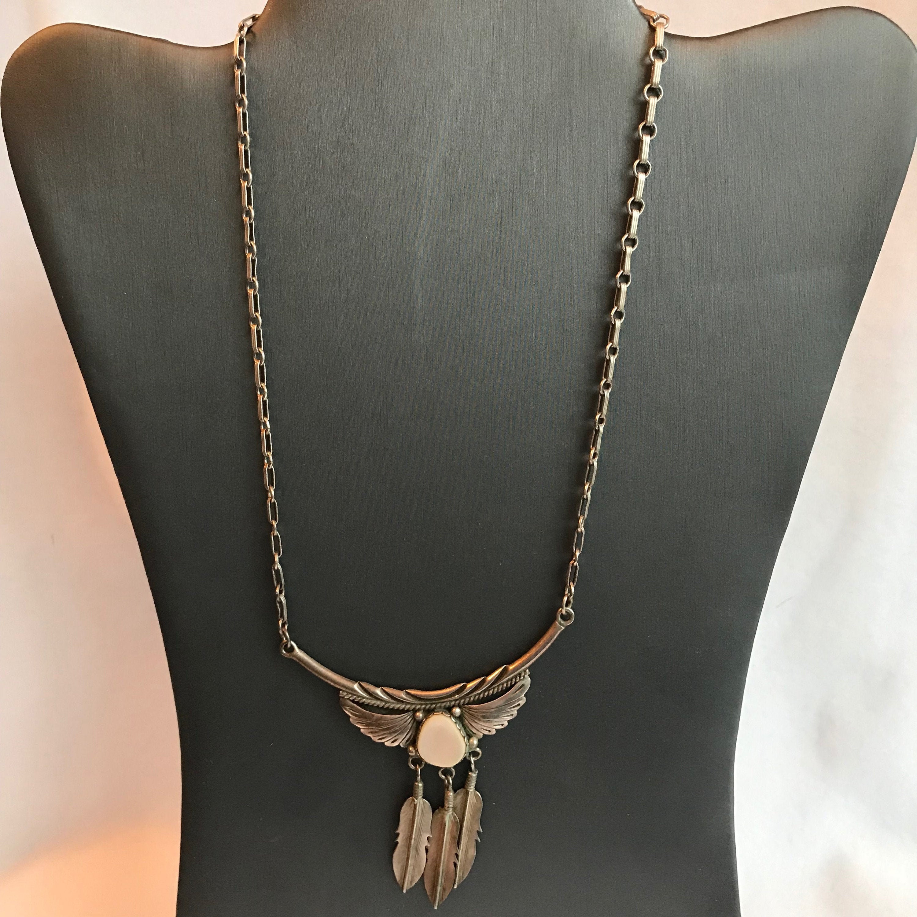 Leather Necklace with Feather Turquoise Stone Charm