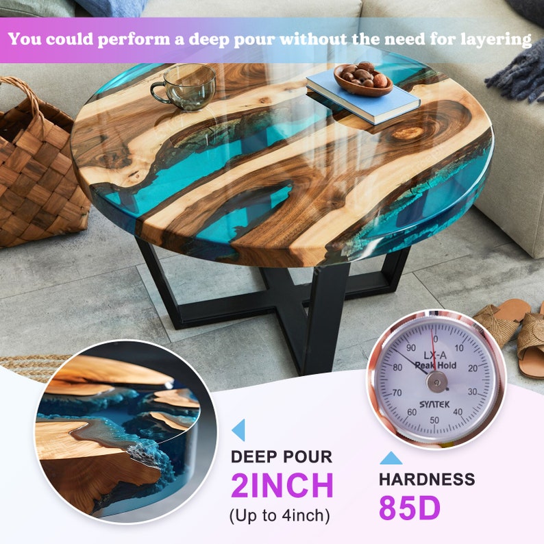 May include: A wooden table with a deep pour of turquoise blue epoxy resin. The resin is 2 inches deep and has a hardness of 85D. The table is made of wood with a natural grain pattern.