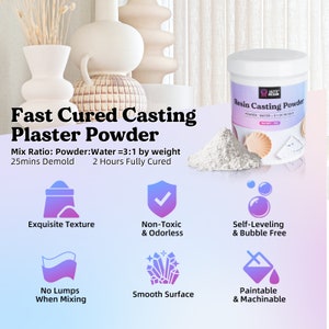 May include: White resin casting powder in a plastic container with a blue and pink label that says "Resin Casting Powder". The label also includes the text "Powder: Water = 3:1 by weight". The container is sitting on a white surface with a seashell and a small blue and white container.