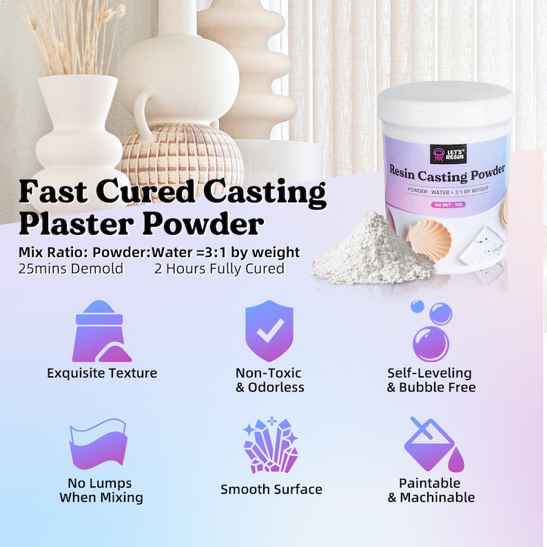 May include: White resin casting powder in a plastic container with a blue and pink label that says "Resin Casting Powder". The label also includes the text "Powder: Water = 3:1 by weight". The container is sitting on a white surface with a seashell and a small blue and white container.