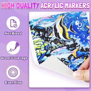 May include: A hand peels back a corner of a white canvas revealing a colorful painting of fish in an underwater scene. The image is labeled "HIGH QUALITY ACRYLIC MARKERS" with icons indicating "Not Bleed", "Great Coverage", and "Even Flow".