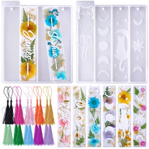 LET'S RESIN Bookmark Resin Molds 1.5'' Wide, Blank and Cat Moon Pattern Silicone Bookmark Molds Kit with 20pcs Tassels, Rectangle Bookmark