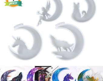 LET'S RESIN Crescent Moon Mold, Wolf Cat Fairy Unicorn Silicone Epoxy Resin Crescent Molds