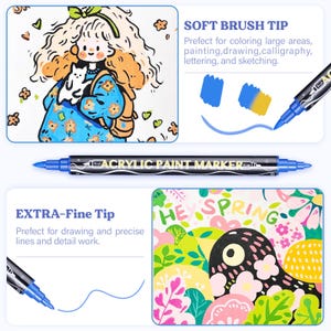 May include: Two acrylic paint markers with different tip sizes. The marker on the left has a fine tip and the marker on the right has a soft brush tip. The markers are black with blue and yellow accents. The text "ACRYLIC PAINT MARKER" is printed on the marker.