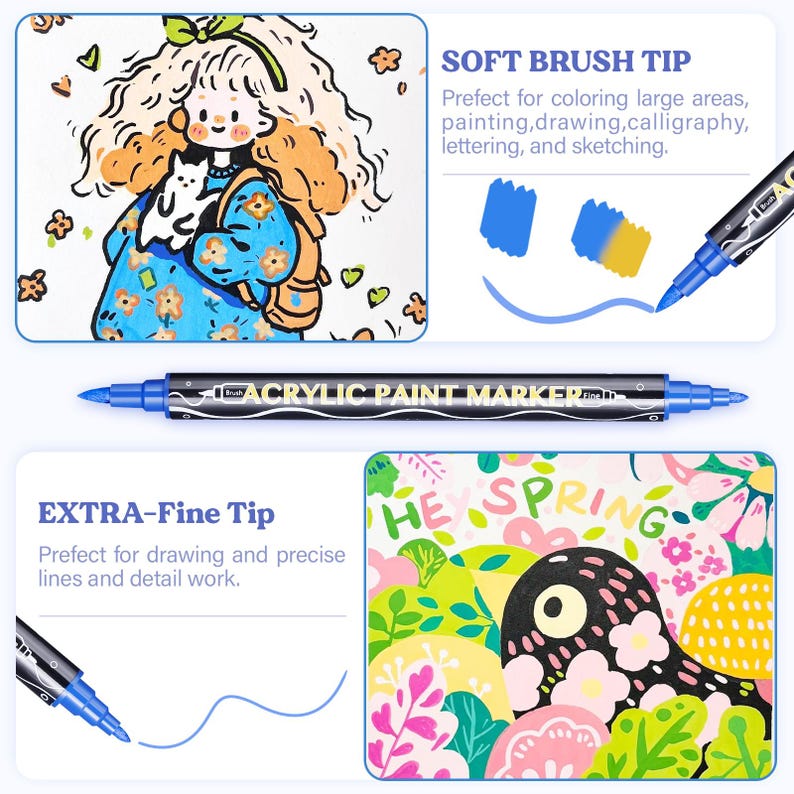May include: Two acrylic paint markers with different tip sizes. The marker on the left has a fine tip and the marker on the right has a soft brush tip. The markers are black with blue and yellow accents. The text "ACRYLIC PAINT MARKER" is printed on the marker.