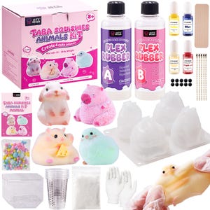 May include: A craft kit for creating squishy animal toys. The kit includes bottles of Flex Rubber, color pigments, molds, and various accessories. The box reads "Taba Squishies Animals Kit" and "Create 4 cute animals".