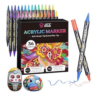 LET&#39;S RESIN 36 Acrylic Paint Pens Markers, Dual Tip Fine &Brush Paint Markers, Strong Coverage Bright Colors Paint Pens