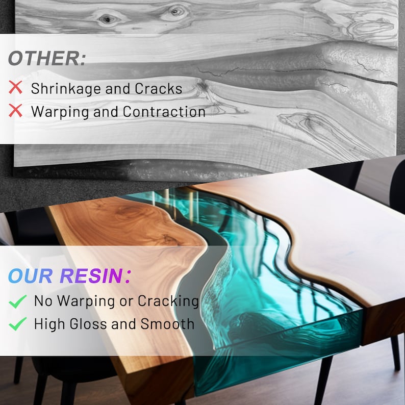 May include: A comparison of two wood tabletops. The top table shows cracks and warping. The bottom table shows a smooth, high-gloss epoxy river table with a turquoise blue resin.