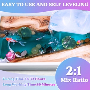 May include: A clear epoxy resin being poured into a wooden tray with a blue and green river scene. The resin is self-leveling and has a 2:1 mix ratio. The curing time is 48-72 hours and the working time is 80 minutes.